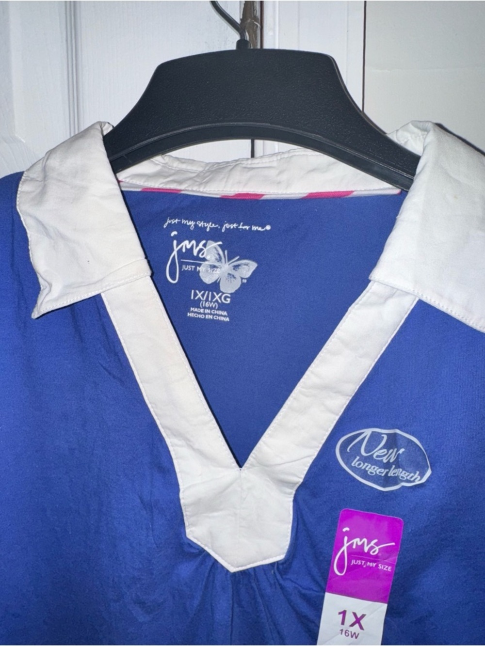 Just My Size Women’s Plus 1X Blue Cotton Knit Top Johnny Collar 3/4 Sleeve NWT - Picture 2 of 7